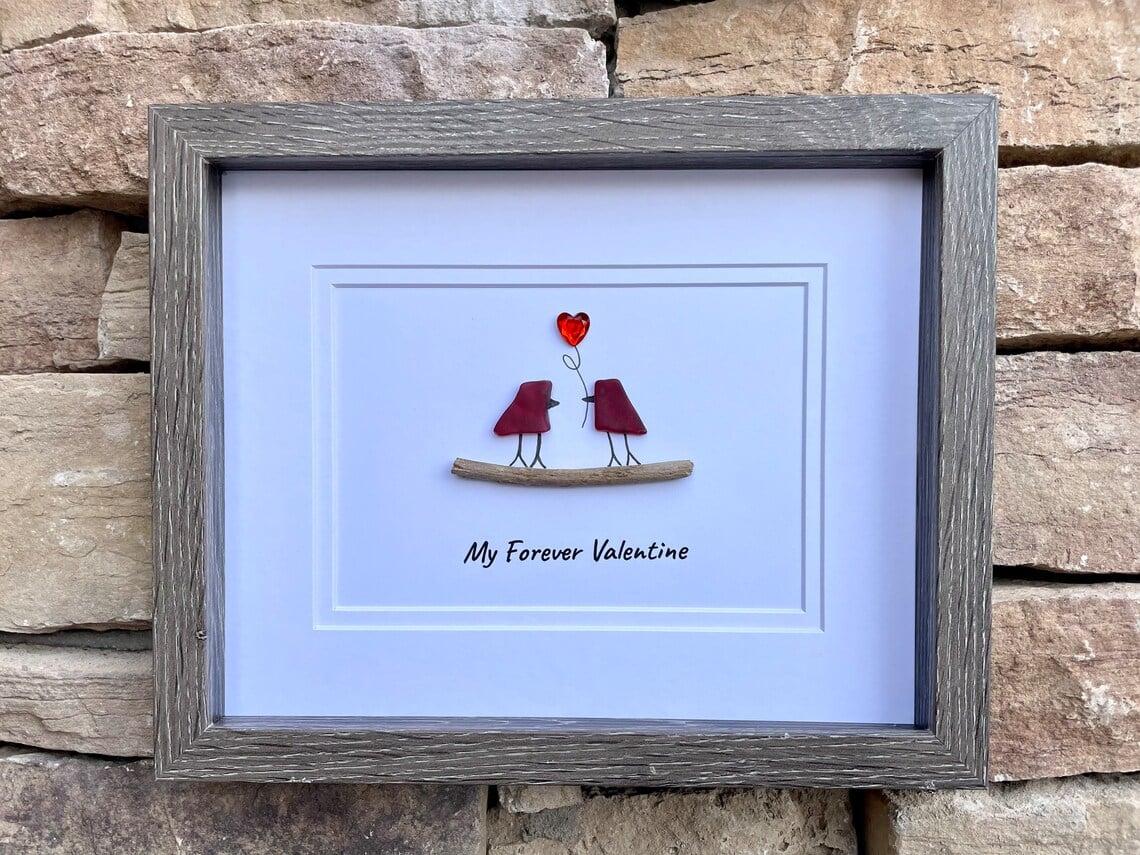 ❤️“My Forever Valentine”❤️ Sea Glass Art Showing Two Birds in Love, A gift for someone to love