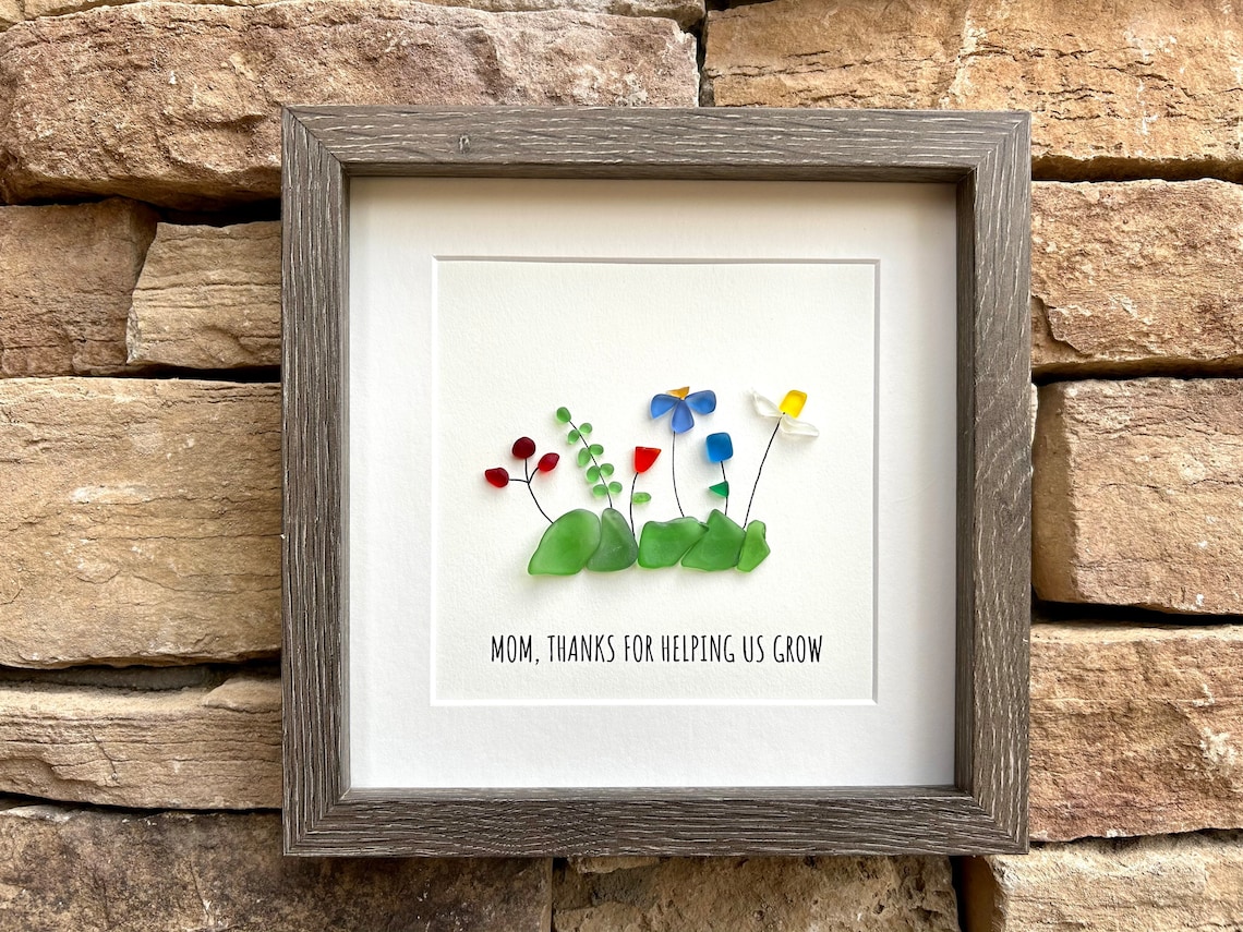 Mothers Day Sea Glass Flowers, Framed 9x9 Picture, Unique Gift for Mom, Personalized Mother's Day Gift image 2