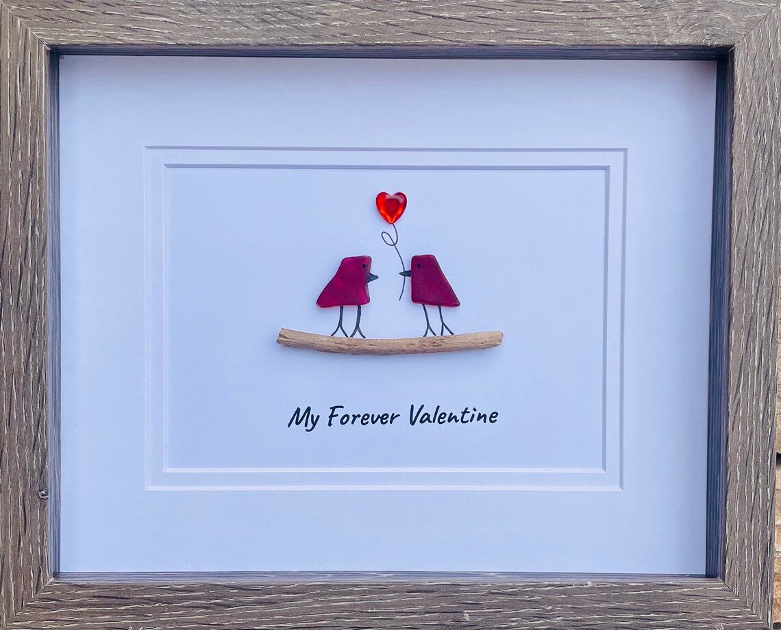 ❤️“My Forever Valentine”❤️ Sea Glass Art Showing Two Birds in Love, A gift for someone to love
