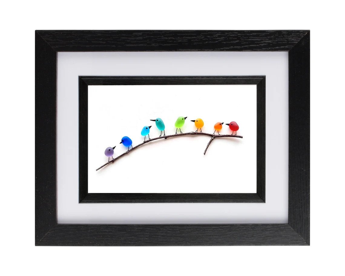 Sea Glass Rainbow Birds - Sea Glass Art- Sea Glass & Driftwood Picture - Framed Unique Handmade