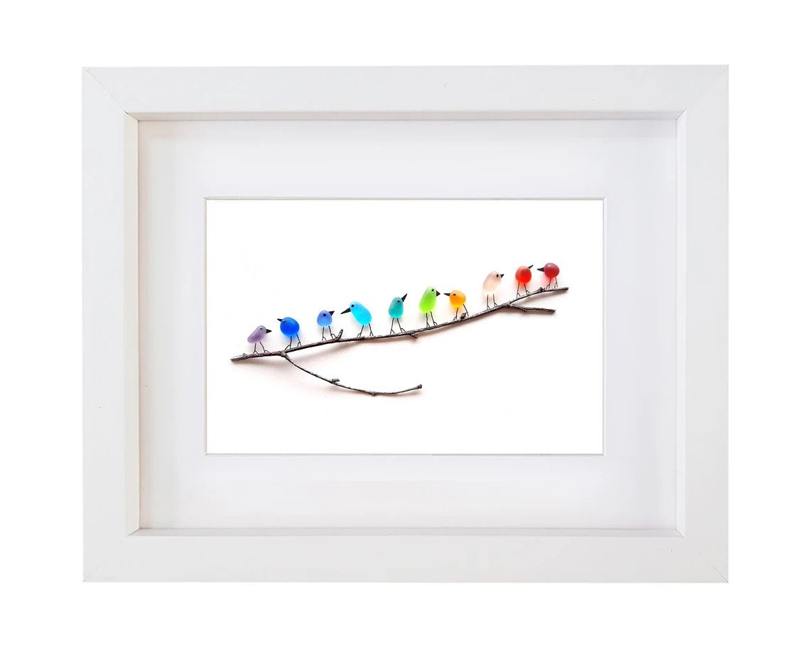 Sea Glass Rainbow Birds - Sea Glass Art- Sea Glass & Driftwood Picture - Framed Unique Handmade