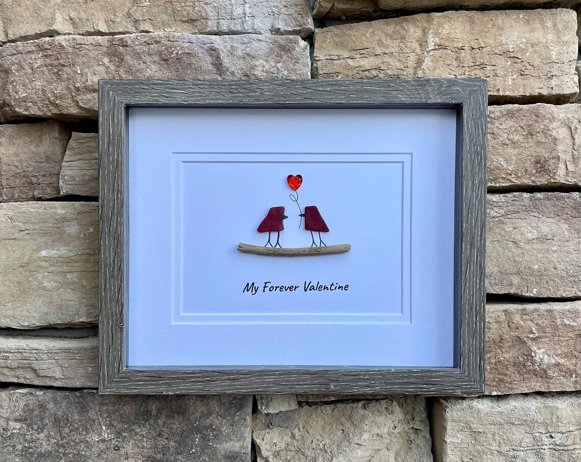 ❤️“My Forever Valentine”❤️ Sea Glass Art Showing Two Birds in Love, A gift for someone to love