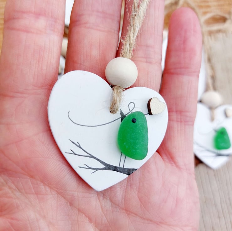 Sea Glass Robin Heart Decoration
