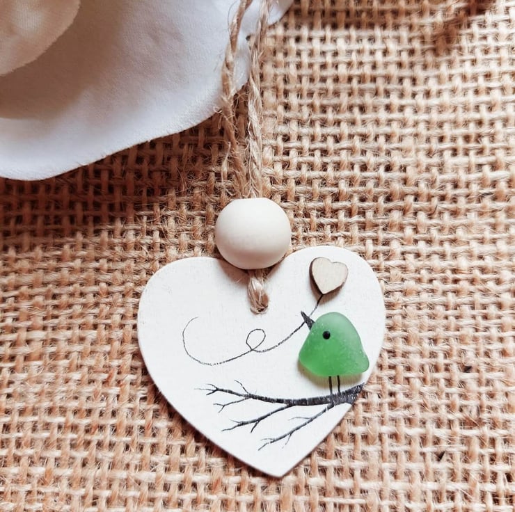 Sea Glass Robin Heart Decoration