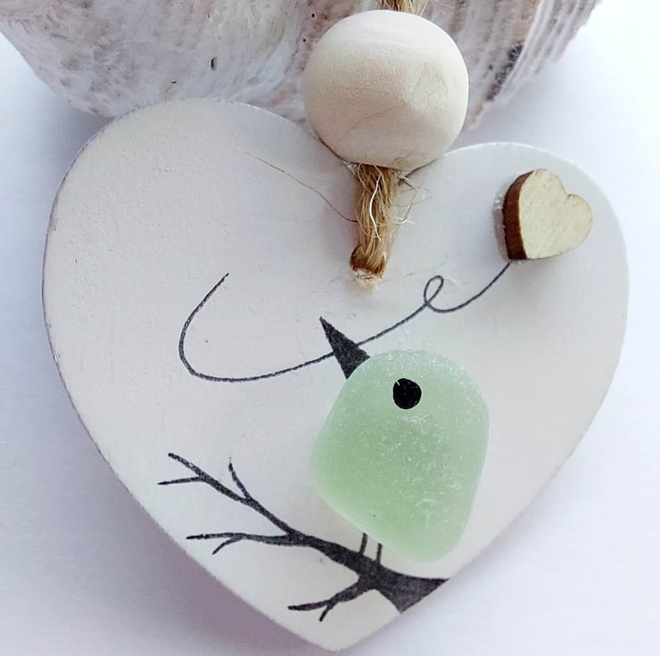 Sea Glass Robin Heart Decoration
