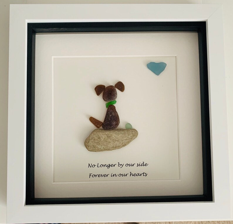 No longer by our side forever in our hearts dog sea glass art work