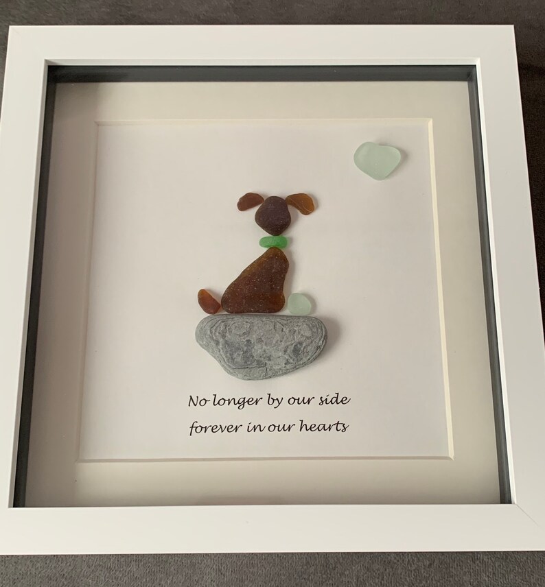 No longer by our side forever in our hearts dog sea glass art work