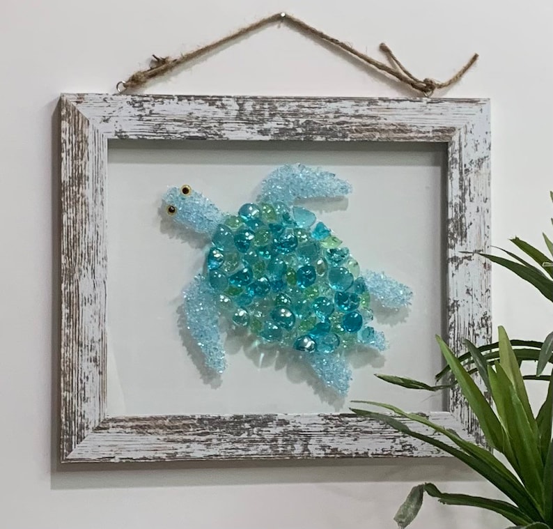Sea Glass Sea Turtle - Sea Glass Art Mosaic - Framed Beach Art - Sea Turtle Decor - Sea Life - Nautical Bathroom Decor