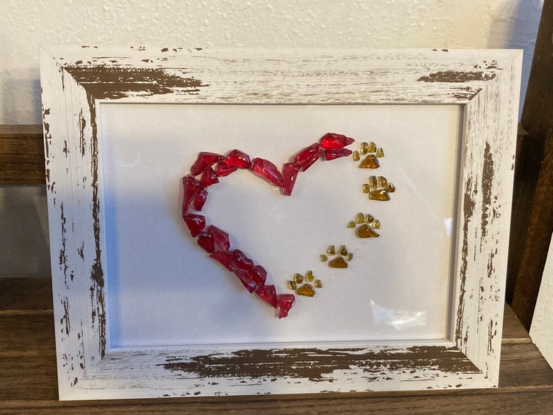Red Heart With Paw Prints Sea Glass Art
