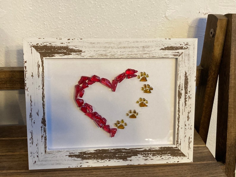 Red Heart With Paw Prints Sea Glass Art