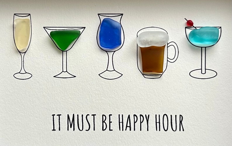 欢乐时光海玻璃艺术,5x7 带框手工画,酒吧装饰,鸡尾酒艺术,乔迁礼物