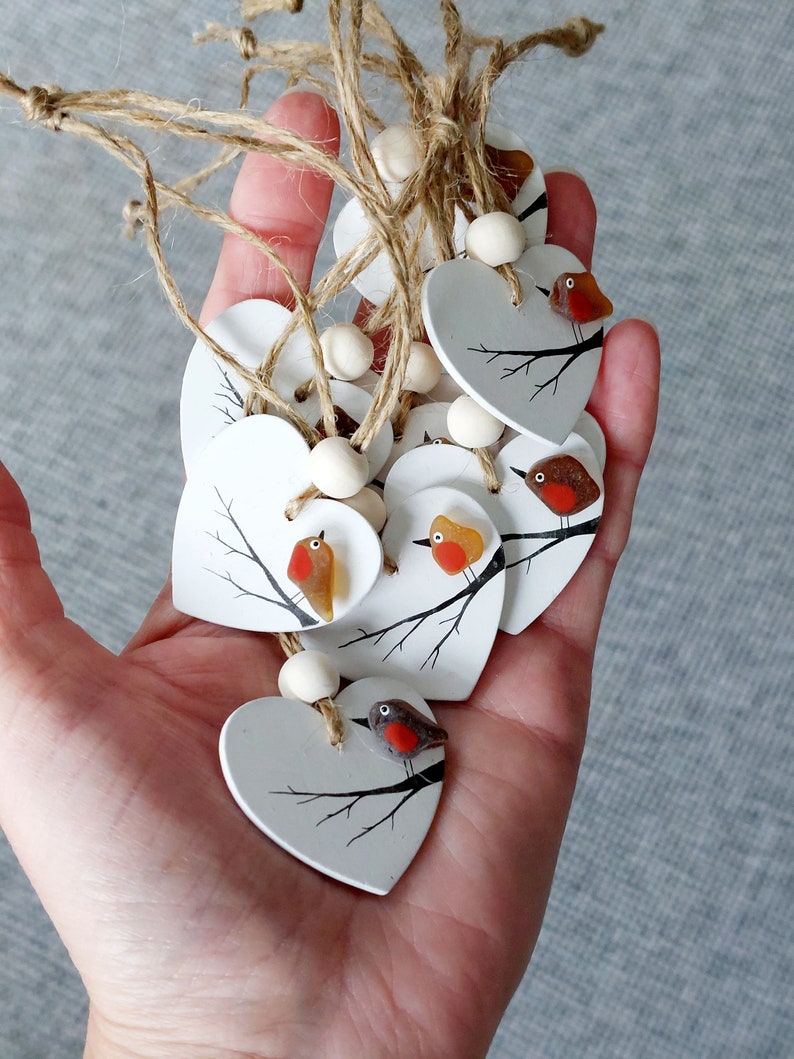 Sea Glass Robin Heart Decoration - Beach Glass Ornament on a Mini Wooden Heart, Gift Tag Idea, Sentimental Gift, Bereavement Gift