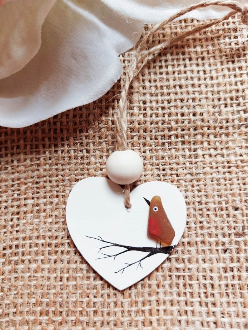 Sea Glass Robin Heart Decoration - Beach Glass Ornament on a Mini Wooden Heart, Gift Tag Idea, Sentimental Gift, Bereavement Gift