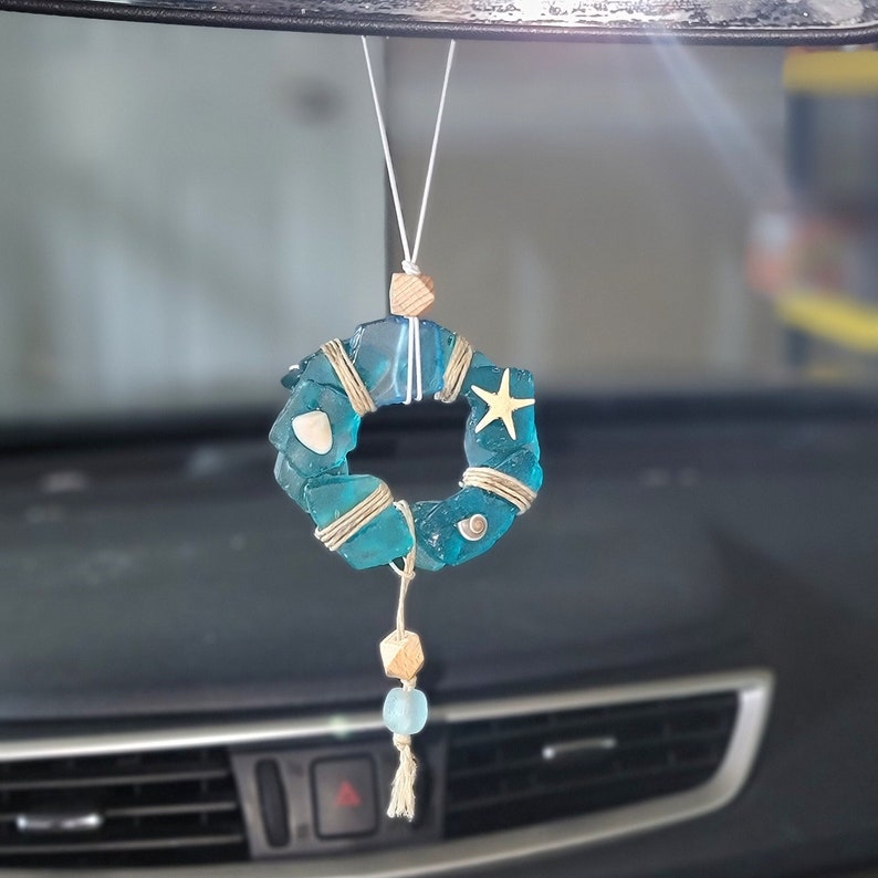 Sea Glass Car Charm, Ocean Wreath Suncatcher, Rear View Ocean Car Charm