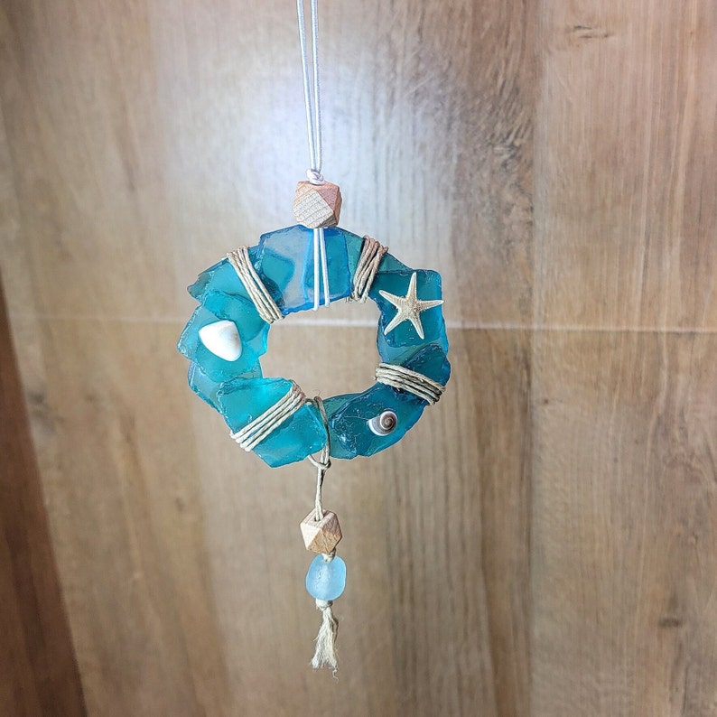 Sea Glass Car Charm, Ocean Wreath Suncatcher, Rear View Ocean Car Charm