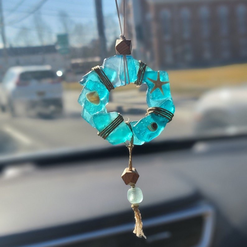 Sea Glass Car Charm, Ocean Wreath Suncatcher, Rear View Ocean Car Charm