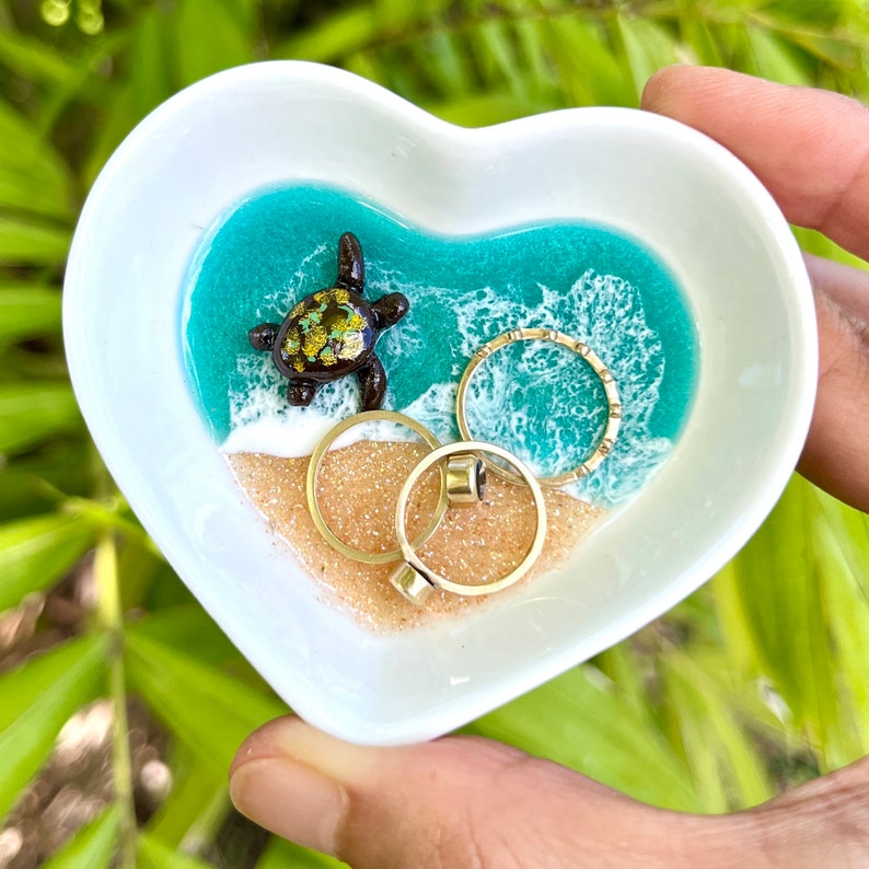 Glitter heart ocean sea turtle ring dish BULK order Hawaii ceramic beach trinket bowl small tropical Hawaiian gift souvenir wedding favor image 4
