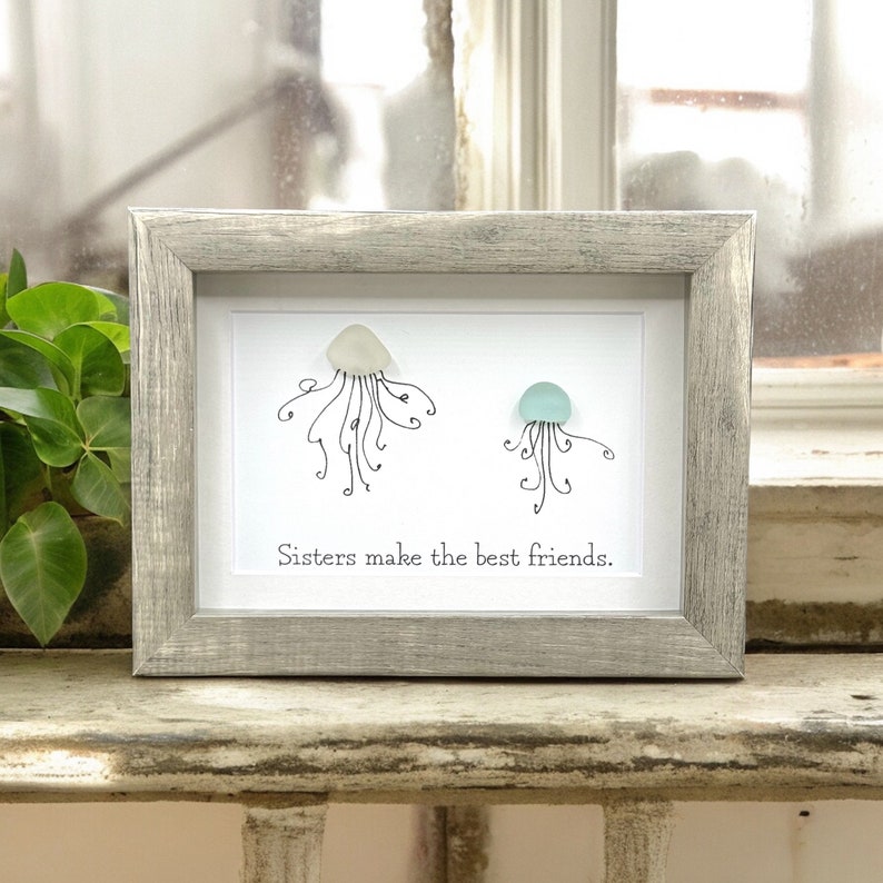 Sea Glass Art Sister Gift Unique Seaglass Present Best Friend Birthday Cute Jellyfish Bestie Picture Marine Biology Beach Decor Frame image 1
