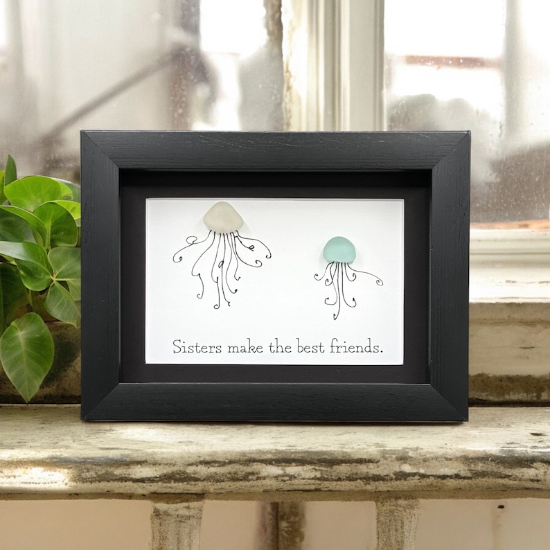Sea Glass Art Sister Gift| Unique Seaglass Present Best Friend  Birthday| Cute Jellyfish Bestie Picture| Marine Biology Beach Decor Frame