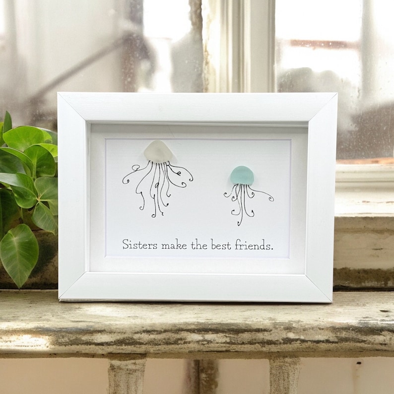 Sea Glass Art Sister Gift| Unique Seaglass Present Best Friend  Birthday| Cute Jellyfish Bestie Picture| Marine Biology Beach Decor Frame