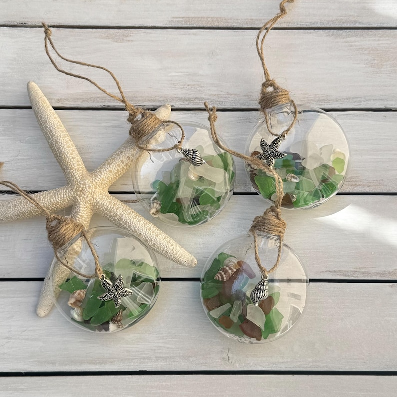 Sea Glass Ornaments, Beach Decor, Beach Ornaments, Vacation Home, Coastal Decor, Beach House Seashell Decor, Beachy Decor Starfish Seashells