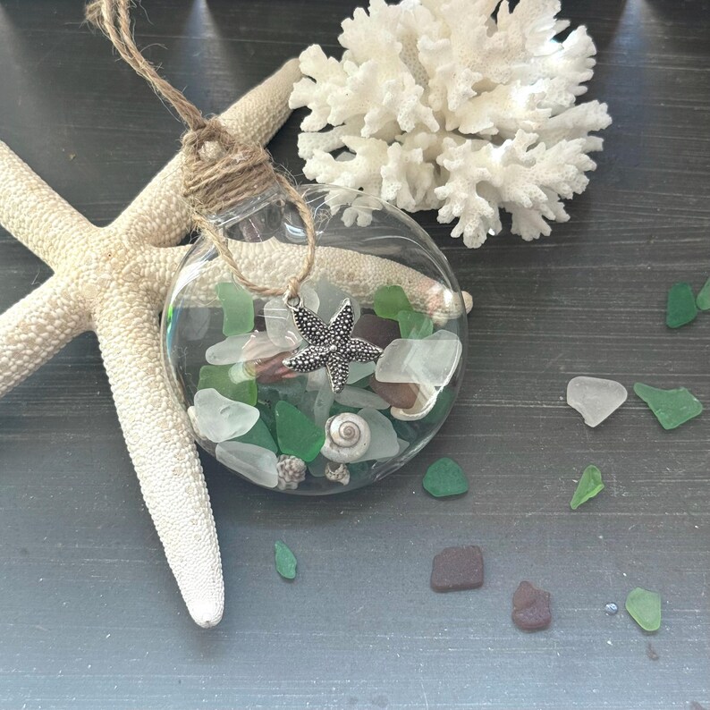 Sea Glass Ornaments, Beach Decor, Beach Ornaments, Vacation Home, Coastal Decor, Beach House Seashell Decor, Beachy Decor Starfish Seashells