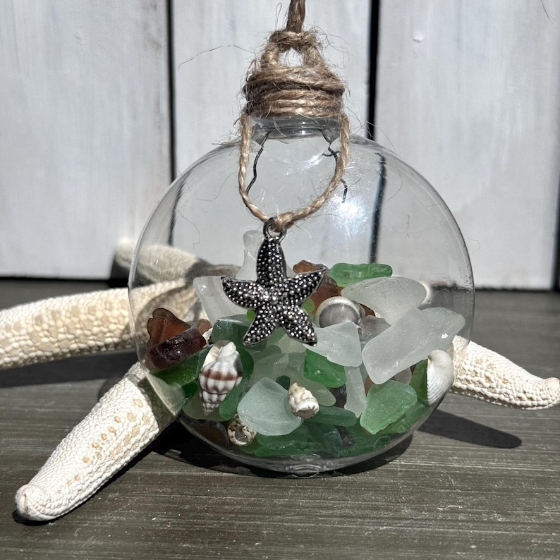 Sea Glass Ornaments, Beach Decor, Beach Ornaments, Vacation Home, Coastal Decor, Beach House Seashell Decor, Beachy Decor Starfish Seashells
