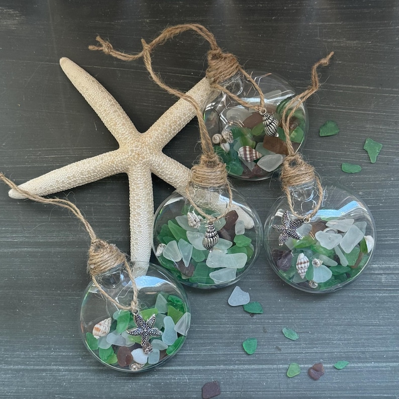Sea Glass Ornaments, Beach Decor, Beach Ornaments, Vacation Home, Coastal Decor, Beach House Seashell Decor, Beachy Decor Starfish Seashells