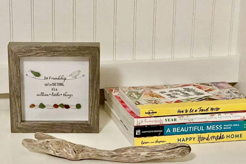 Framed Sea Glass Friendship Art Shadow Box Square Driftwood Frame - Gift for Best Friend Unique Picture made of Hand-collected Sea Glass