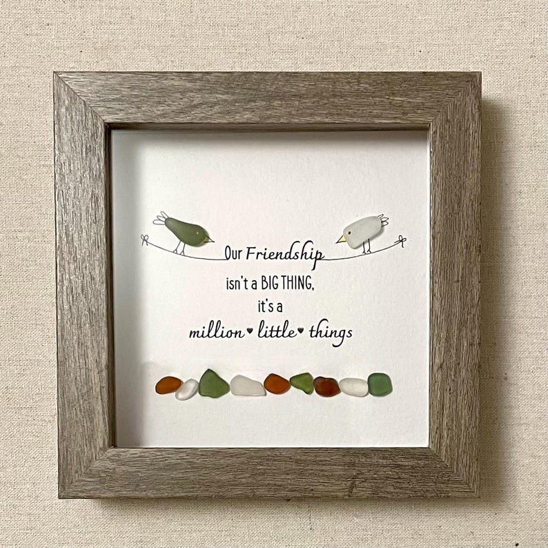 Framed Sea Glass Friendship Art Shadow Box Square Driftwood Frame - Gift for Best Friend Unique Picture made of Hand-collected Sea Glass