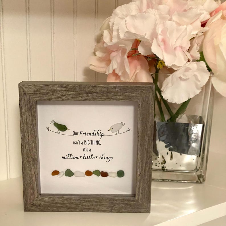 Framed Sea Glass Friendship Art Shadow Box Square Driftwood Frame - Gift for Best Friend Unique Picture made of Hand-collected Sea Glass
