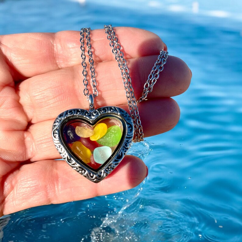 Sea glass locket necklace. Unisex Beach glass pendant. Be glass jewelry.
