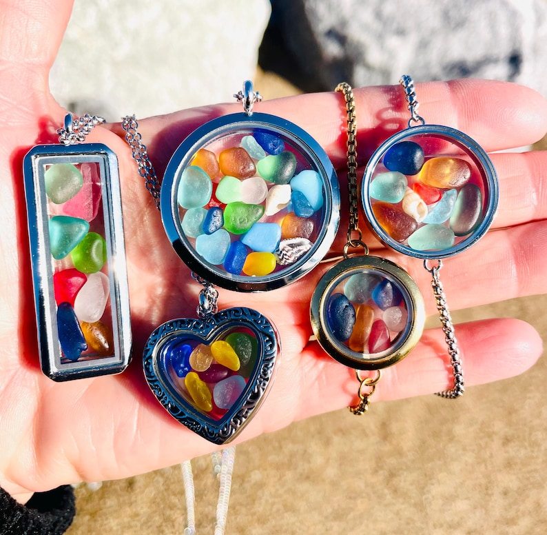 Sea glass locket necklace. Unisex Beach glass pendant. Be glass jewelry.