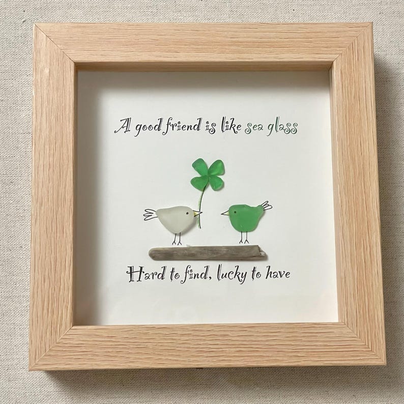 Framed Sea Glass "A Good Friend is Like Sea Glass" with Four-leaf Clover - Unique Picture for Friend made of Hand-collected Sea Glass