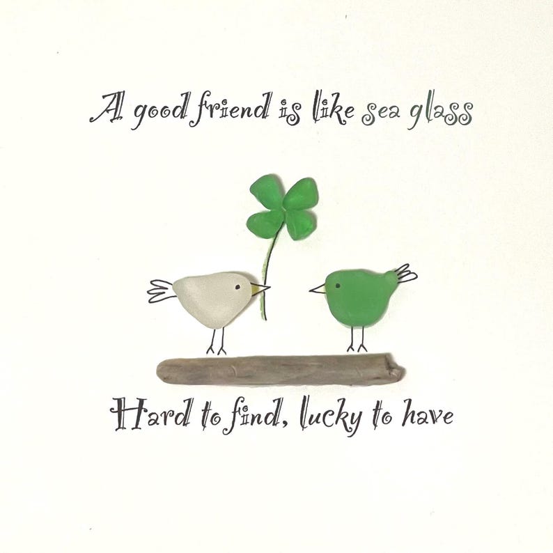 Framed Sea Glass "A Good Friend is Like Sea Glass" with Four-leaf Clover - Unique Picture for Friend made of Hand-collected Sea Glass