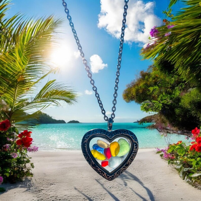 Sea glass locket necklace. Unisex Beach glass pendant. Be glass jewelry.