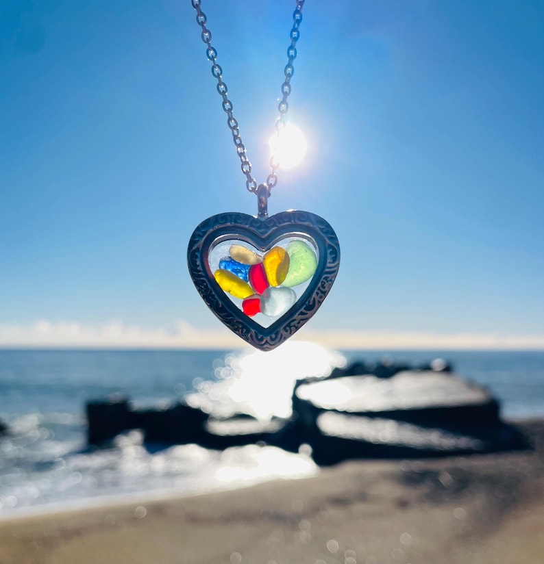 Sea glass locket necklace. Unisex Beach glass pendant. Be glass jewelry.