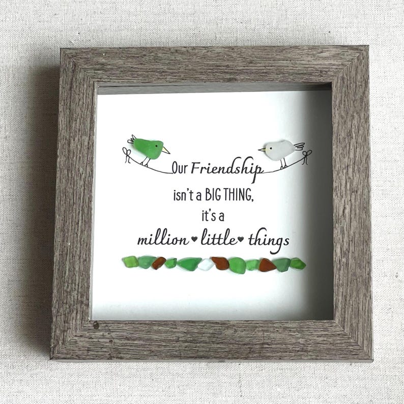 Framed Sea Glass Friendship Art Shadow Box Square Driftwood Frame - Gift for Best Friend Unique Picture made of Hand-collected Sea Glass