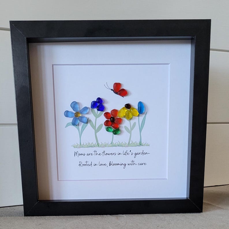Sea Glass Gift for Mom Glass Art with Flowers for Mother's Day Framed Gift for Her Birthday Sea Glass Art Home Decor for Spring Wall Art