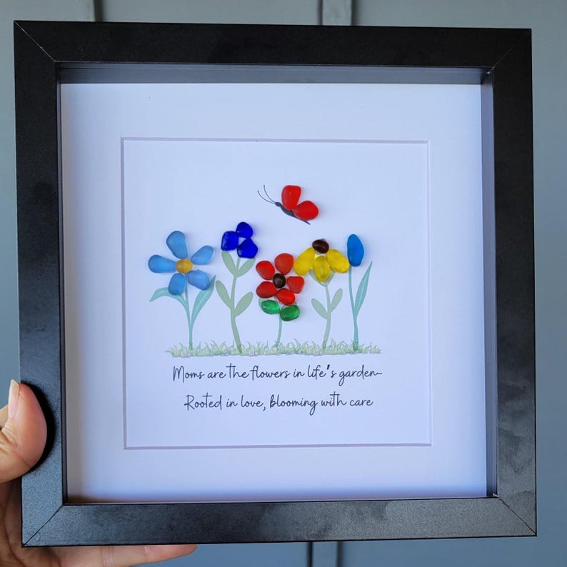 Sea Glass Gift for Mom Glass Art with Flowers for Mother's Day Framed Gift for Her Birthday Sea Glass Art Home Decor for Spring Wall Art