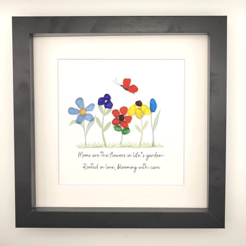 Sea Glass Gift for Mom Glass Art with Flowers for Mother's Day Framed Gift for Her Birthday Sea Glass Art Home Decor for Spring Wall Art