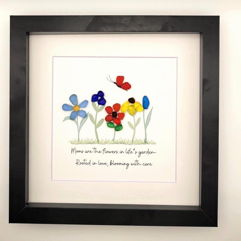 Sea Glass Gift for Mom Glass Art with Flowers for Mother's Day Framed Gift for Her Birthday Sea Glass Art Home Decor for Spring Wall Art