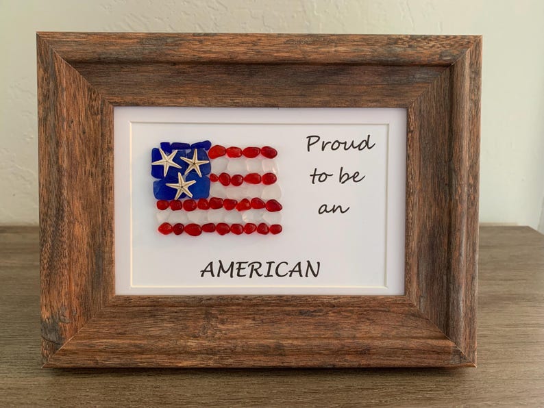 American flag art, flag wall hanging, sea glass flag, proud to be an American