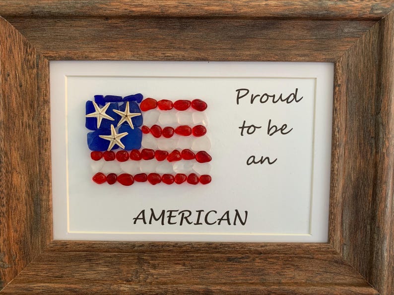 American flag art, flag wall hanging, sea glass flag, proud to be an American