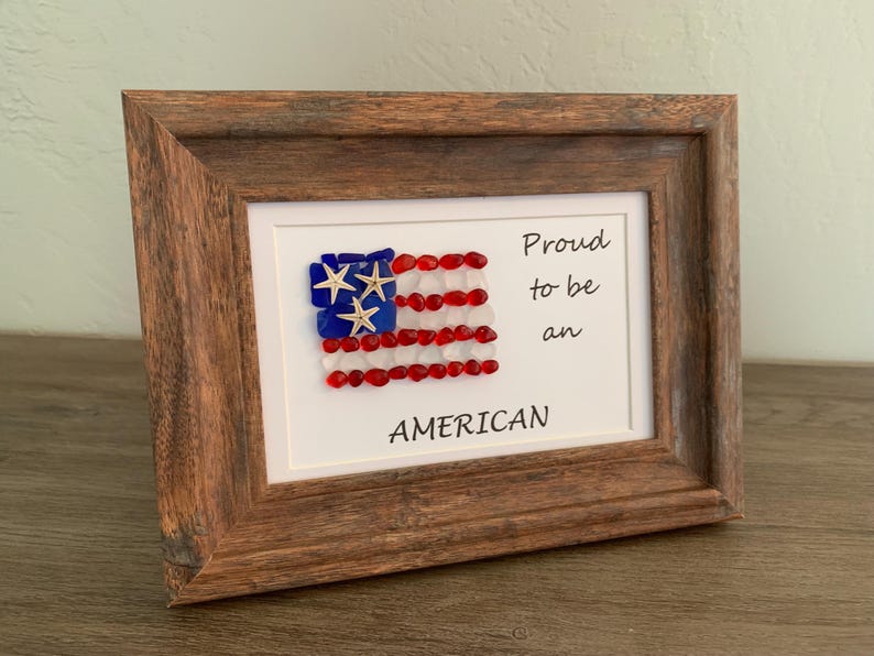 American flag art, flag wall hanging, sea glass flag, proud to be an American