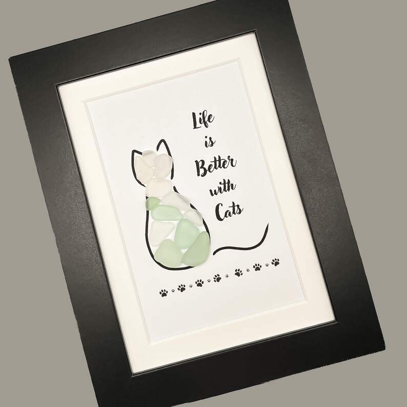 Framed Sea Glass Art - For the Cat Lover - Cats Gift with Genuine Beach Glass - Cat Home Decor Gift with Saying for Cat Owners