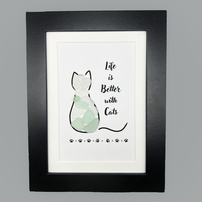 Framed Sea Glass Art - For the Cat Lover - Cats Gift with Genuine Beach Glass - Cat Home Decor Gift with Saying for Cat Owners