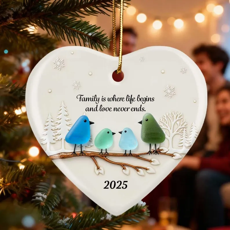  Family Bird Heart Sea Glass Ornament