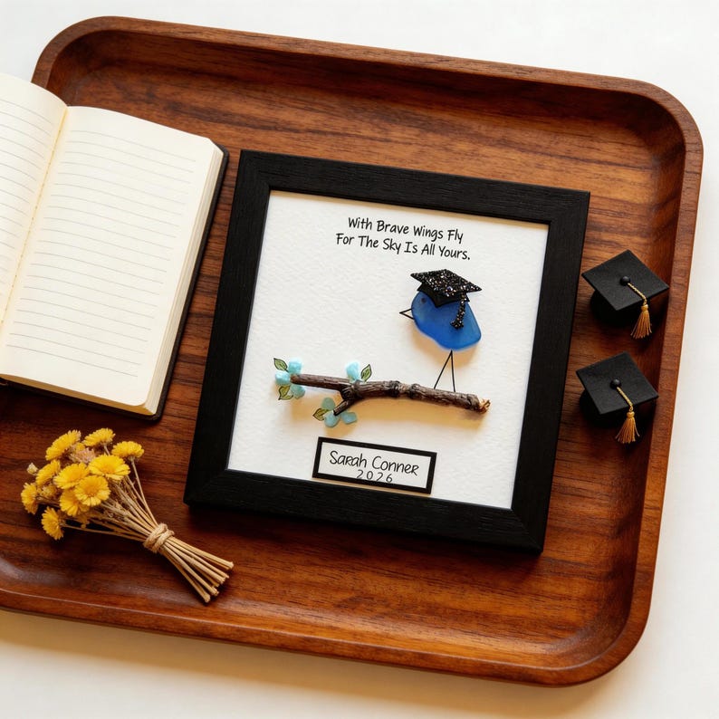 Personalized Sea Glass Graduation Frame, Class of 2026 Keepsake, Handmade Bird Art