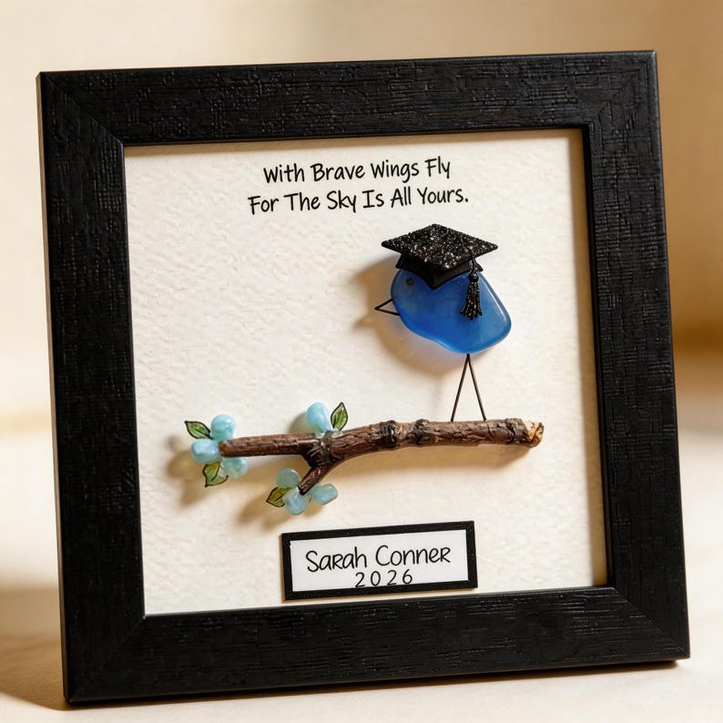 Personalized Sea Glass Graduation Frame, Class of 2026 Keepsake, Handmade Bird Art